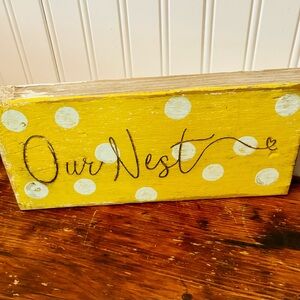 Adorable rustic yellow polka dot wooden Our Nest Sign